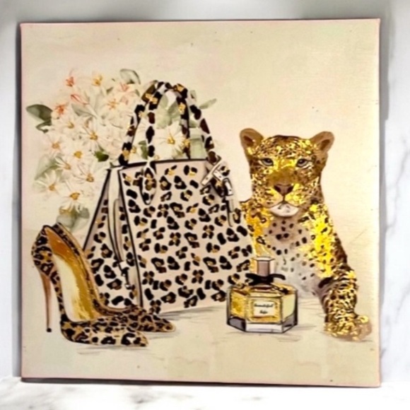 Fashionable Trendy Chic Canvas Art with Leopard, Bag, Shoes, Perfume & Daisies - Picture 4 of 5